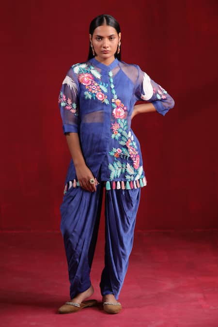 Shop_Ruh Clothing_Blue Organza, Satin Embroidery Mandarin Collar, Hand Kurta Dhoti Pant Set _Online_at_Aza_Fashions