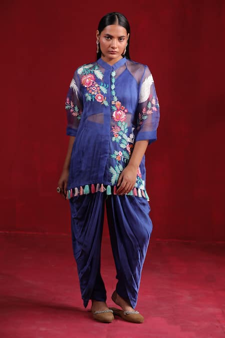 Ruh Clothing_Blue Organza, Satin Embroidery Mandarin Collar, Hand Kurta Dhoti Pant Set _at_Aza_Fashions