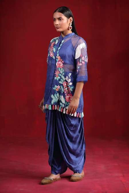 Buy_Ruh Clothing_Blue Organza, Satin Embroidery Mandarin Collar, Hand Kurta Dhoti Pant Set 