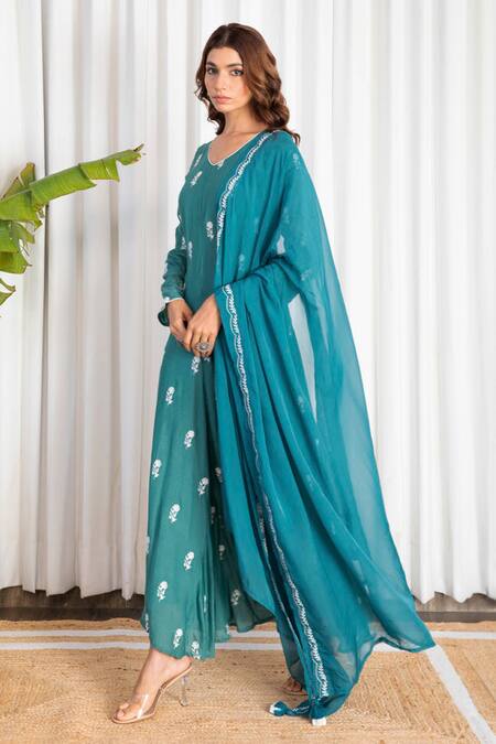 Buy Kapraaaha Green Muslin Embroidery, Tassels Round Neck Flower Anarkali With Dupatta Buy_Kapraaaha_Green Muslin Embroidery, Tassels Round Neck Flower Anarkali With Dupatta
