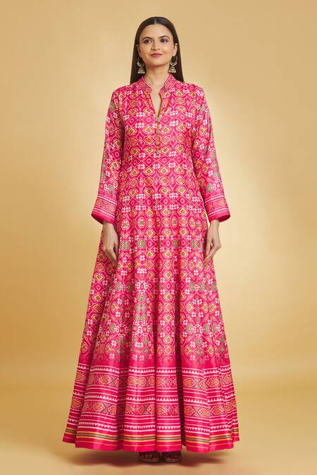 Buy_Adara Khan_Fuchsia Cotton Silk, Dupatta Net Patola Print And Sequin Work Band Anarkali Set_Online_at_Aza_Fashions
