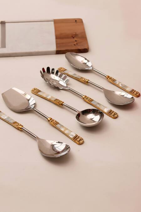 Buy_Elysian Home_White Stainless Steel And Mother Of Pearls Serving Spoons -set 6_Online_at_Aza_Fashions