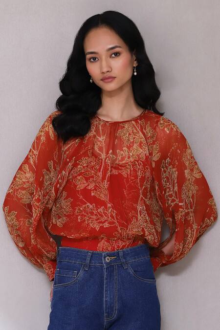 Buy Red Polyester Printed Floral Top Boat Neck Puff Sleeve For