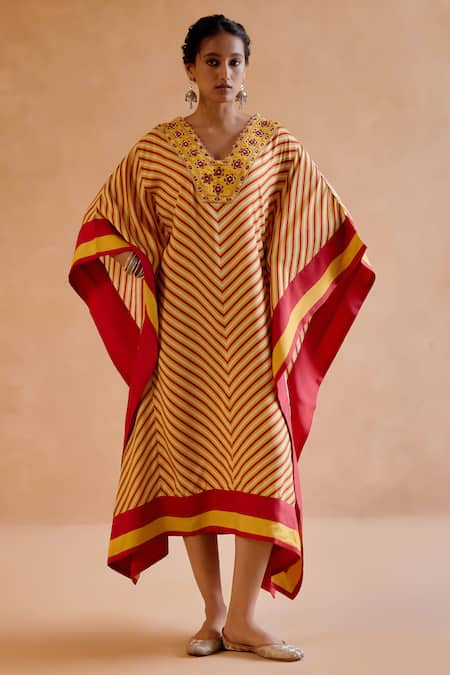 Amisha Kothari Yellow Silk Printed Candy Stripe V Neck Mohini Embroidered Kaftan 