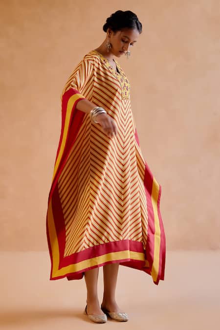 Amisha Kothari Yellow Silk Embroidery V-neck Mohini Stripe Print Kaftan Online at Aza Fashions Amisha Kothari_Yellow Silk Embroidery V-neck Mohini Stripe Print Kaftan _Online_at_Aza_Fashions