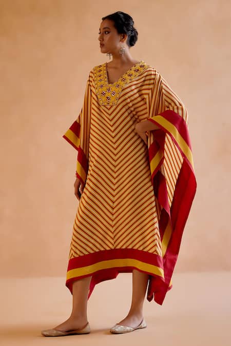 Buy Amisha Kothari Yellow Silk Embroidery V-neck Mohini Stripe Print Kaftan Online at Aza Fashions Buy_Amisha Kothari_Yellow Silk Embroidery V-neck Mohini Stripe Print Kaftan _Online_at_Aza_Fashions