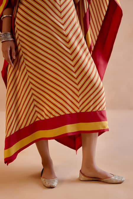 Shop Amisha Kothari Yellow Silk Embroidery V-neck Mohini Stripe Print Kaftan Online at Aza Fashions Shop_Amisha Kothari_Yellow Silk Embroidery V-neck Mohini Stripe Print Kaftan _Online_at_Aza_Fashions
