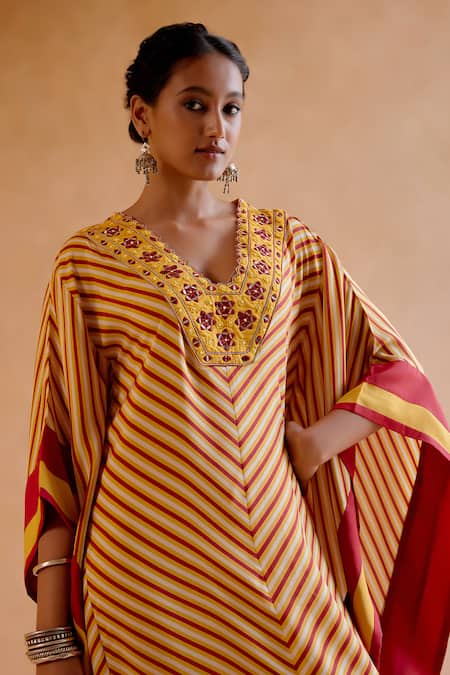 Amisha Kothari Yellow Silk Embroidery V-neck Mohini Stripe Print Kaftan at Aza Fashions Amisha Kothari_Yellow Silk Embroidery V-neck Mohini Stripe Print Kaftan _at_Aza_Fashions