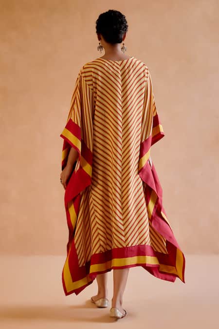 Shop Amisha Kothari Yellow Silk Embroidery V-neck Mohini Stripe Print Kaftan at Aza Fashions Shop_Amisha Kothari_Yellow Silk Embroidery V-neck Mohini Stripe Print Kaftan _at_Aza_Fashions