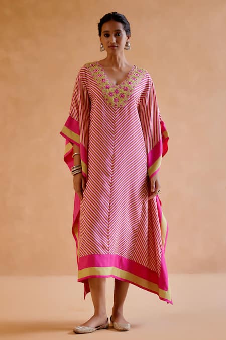 Amisha Kothari Pink Silk Embroidery V-neck Mohini Stripe Print Kaftan Online at Aza Fashions Amisha Kothari_Pink Silk Embroidery V-neck Mohini Stripe Print Kaftan _Online_at_Aza_Fashions