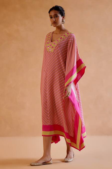 Buy Amisha Kothari Pink Silk Embroidery V-neck Mohini Stripe Print Kaftan Online at Aza Fashions Buy_Amisha Kothari_Pink Silk Embroidery V-neck Mohini Stripe Print Kaftan _Online_at_Aza_Fashions