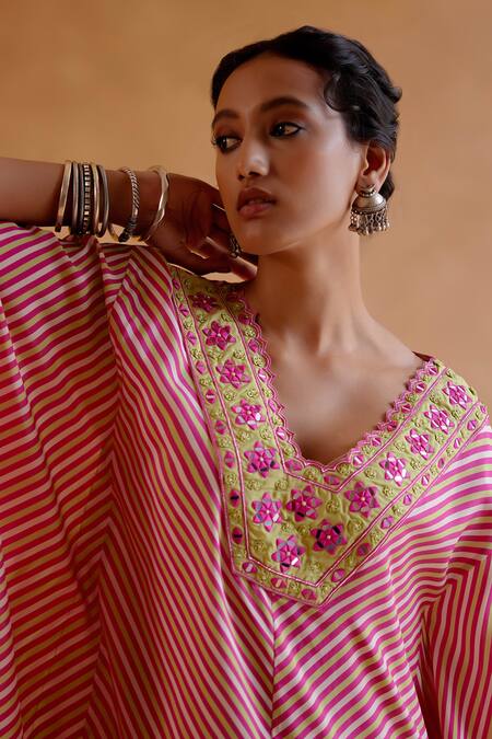 Shop Amisha Kothari Pink Silk Embroidery V-neck Mohini Stripe Print Kaftan Online at Aza Fashions Shop_Amisha Kothari_Pink Silk Embroidery V-neck Mohini Stripe Print Kaftan _Online_at_Aza_Fashions