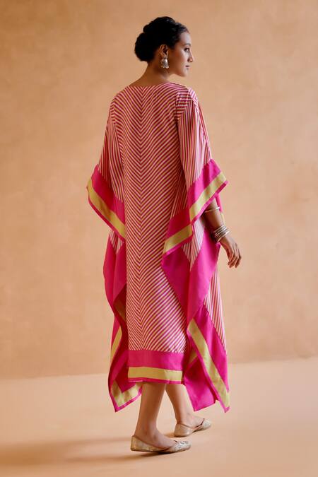 Shop Amisha Kothari Pink Silk Embroidery V-neck Mohini Stripe Print Kaftan at Aza Fashions Shop_Amisha Kothari_Pink Silk Embroidery V-neck Mohini Stripe Print Kaftan _at_Aza_Fashions
