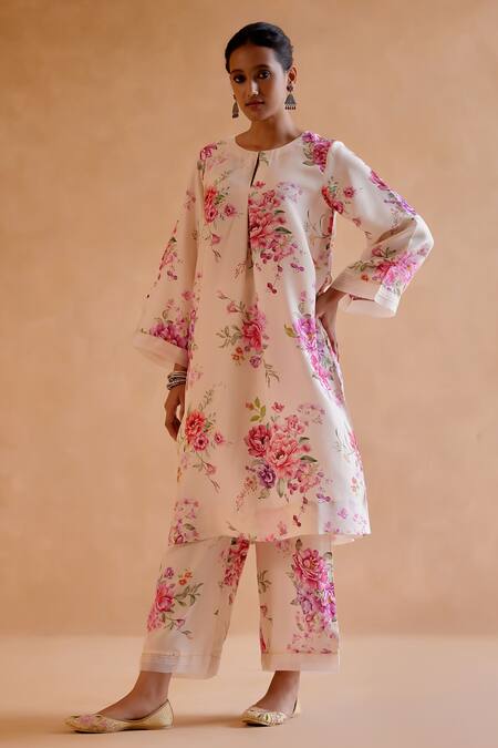 Buy_Amisha Kothari_Cream Silk Beads, Embroidery, Zari Round Neck Gopika Floral Print Kurta Pant Set _Online_at_Aza_Fashions