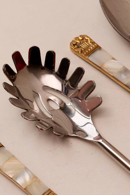 Elysian Home_White Stainless Steel And Mother Of Pearl Serving Spoon 6_Online_at_Aza_Fashions