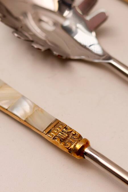 Shop_Elysian Home_White Stainless Steel And Mother Of Pearl Serving Spoon 6_Online_at_Aza_Fashions