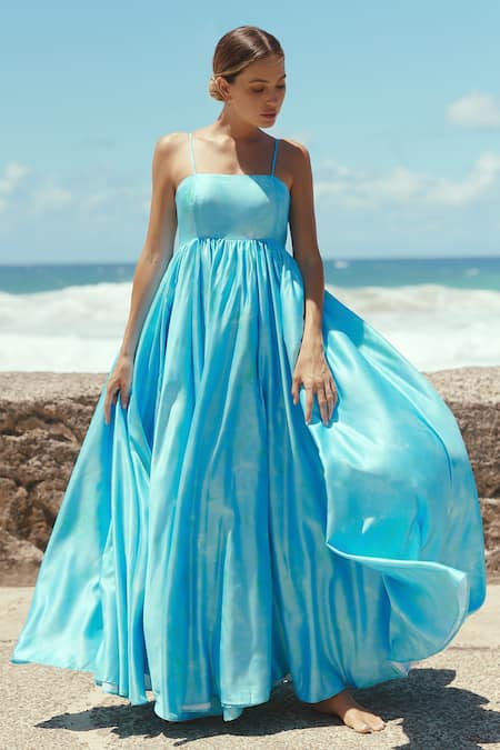 Buy_Sruti Dalmia_Blue Bamboo Square Neck Hand Painted Maxi Dress_Online_at_Aza_Fashions