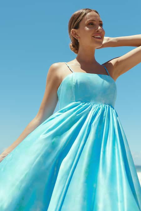 Shop_Sruti Dalmia_Blue Bamboo Square Neck Hand Painted Maxi Dress_Online_at_Aza_Fashions