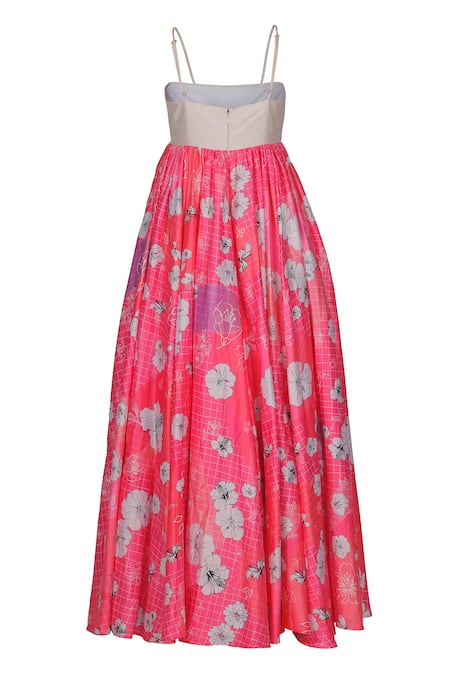 Sruti Dalmia_White Silk, Satin Square Neck Hibiscus Print Fit And Flared Dress_Online_at_Aza_Fashions