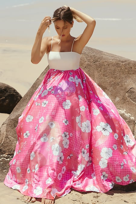 Shop_Sruti Dalmia_White Silk, Satin Square Neck Hibiscus Print Fit And Flared Dress_Online_at_Aza_Fashions