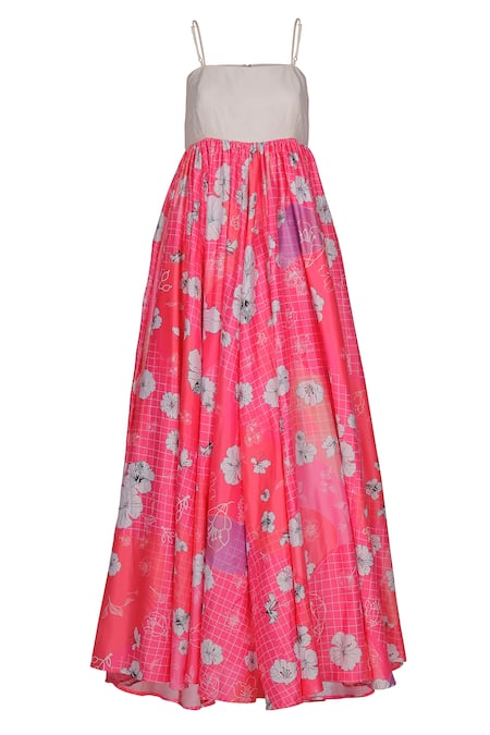 Buy_Sruti Dalmia_White Silk, Satin Square Neck Hibiscus Print Fit And Flared Dress