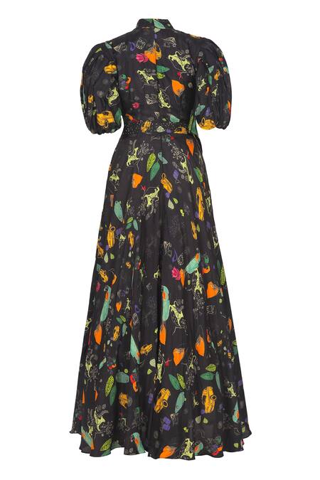 Sruti Dalmia_Black Silk, Bamboo, Viscose High Neck Abstract Botanical Print Dress_Online_at_Aza_Fashions