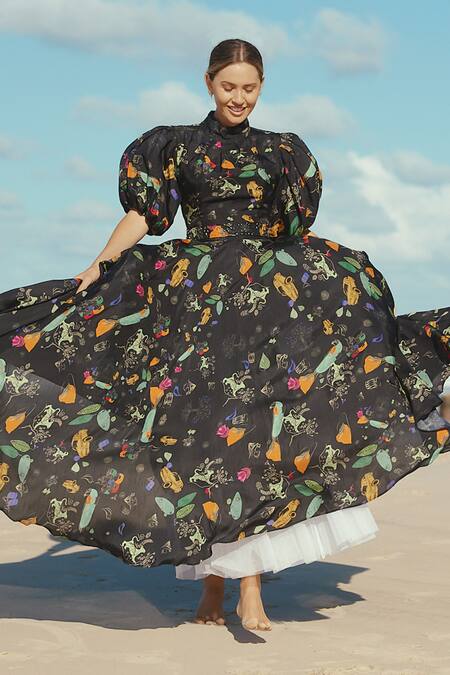 Buy_Sruti Dalmia_Black Silk, Bamboo, Viscose High Neck Abstract Botanical Print Dress_Online_at_Aza_Fashions