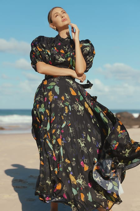 Shop_Sruti Dalmia_Black Silk, Bamboo, Viscose High Neck Abstract Botanical Print Dress_Online_at_Aza_Fashions