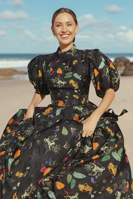 Sruti Dalmia_Black Silk, Bamboo, Viscose High Neck Abstract Botanical Print Dress_at_Aza_Fashions