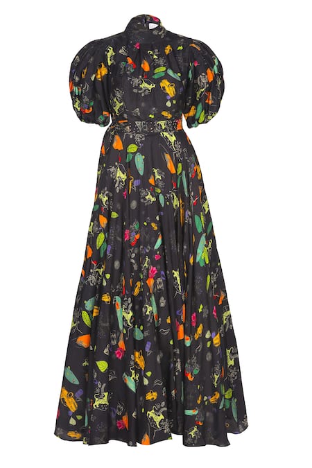Buy_Sruti Dalmia_Black Silk, Bamboo, Viscose High Neck Abstract Botanical Print Dress