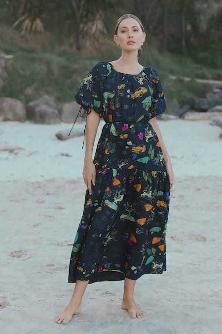 Sruti Dalmia Abstract Botanical Print Puff Sleeve Dress 