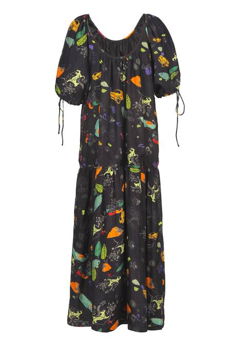 Sruti Dalmia_Black Silk, Bamboo, Viscose Square Abstract Botanical Print Puff Sleeve Dress_Online_at_Aza_Fashions