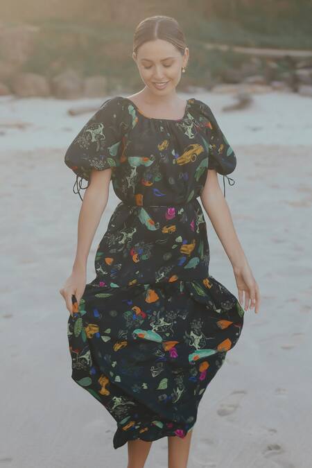 Buy_Sruti Dalmia_Black Silk, Bamboo, Viscose Square Abstract Botanical Print Puff Sleeve Dress_Online_at_Aza_Fashions