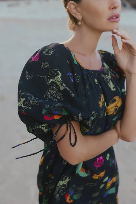Shop_Sruti Dalmia_Black Silk, Bamboo, Viscose Square Abstract Botanical Print Puff Sleeve Dress_Online_at_Aza_Fashions