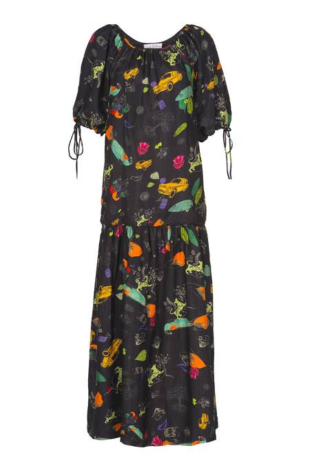 Sruti Dalmia_Black Silk, Bamboo, Viscose Square Abstract Botanical Print Puff Sleeve Dress_at_Aza_Fashions