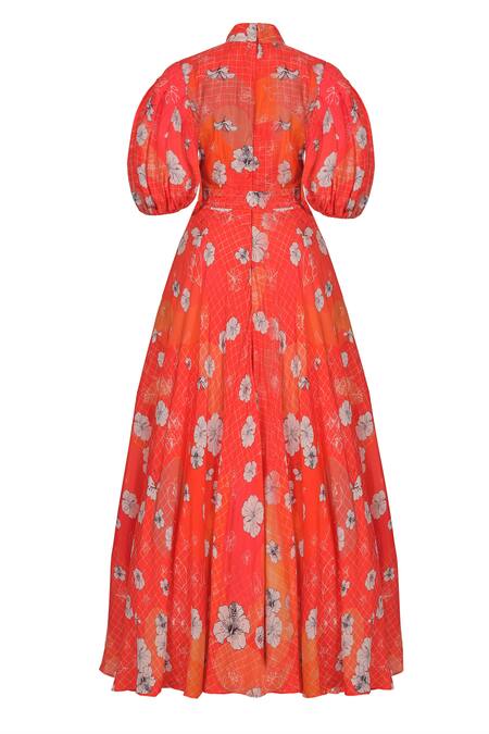 Sruti Dalmia_Red Silk, Viscose, Bamboo High Neck Hibiscus Print Puff Sleeve Dress_Online_at_Aza_Fashions