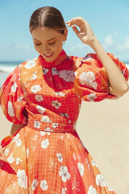 Buy_Sruti Dalmia_Red Silk, Viscose, Bamboo High Neck Hibiscus Print Puff Sleeve Dress_Online_at_Aza_Fashions