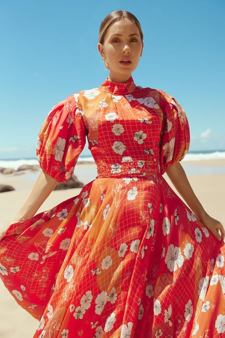Shop_Sruti Dalmia_Red Silk, Viscose, Bamboo High Neck Hibiscus Print Puff Sleeve Dress_Online_at_Aza_Fashions