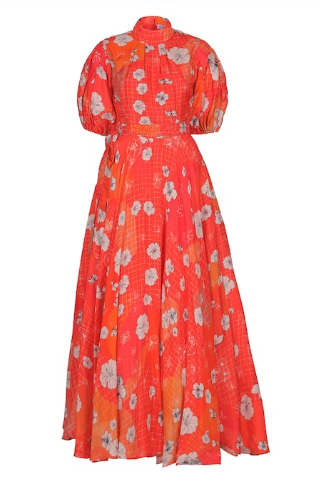 Buy_Sruti Dalmia_Red Silk, Viscose, Bamboo High Neck Hibiscus Print Puff Sleeve Dress