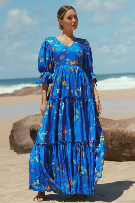 Sruti Dalmia_Blue Silk, Bamboo, Viscose V-neck Calcutta Theme Hand Painted Dress_Online_at_Aza_Fashions