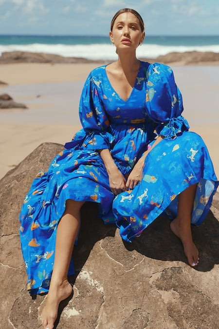 Buy_Sruti Dalmia_Blue Silk, Bamboo, Viscose V-neck Calcutta Theme Hand Painted Dress_Online_at_Aza_Fashions