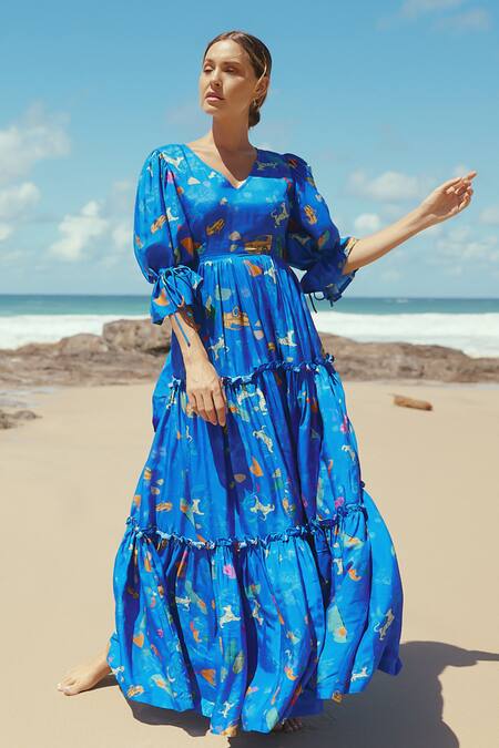 Shop_Sruti Dalmia_Blue Silk, Bamboo, Viscose V-neck Calcutta Theme Hand Painted Dress_Online_at_Aza_Fashions