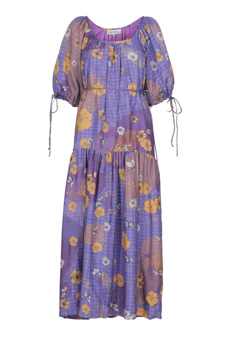 Sruti Dalmia_Purple Bamboo, Viscose Boat Neck Hand Painted Hibiscus Pattern Maxi Dress_Online_at_Aza_Fashions