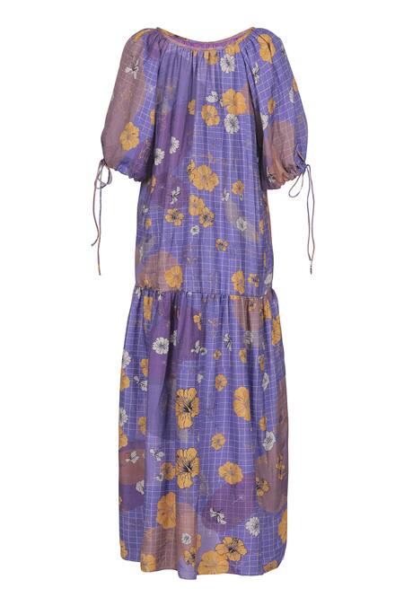 Buy_Sruti Dalmia_Purple Bamboo, Viscose Boat Neck Hand Painted Hibiscus Pattern Maxi Dress_Online_at_Aza_Fashions