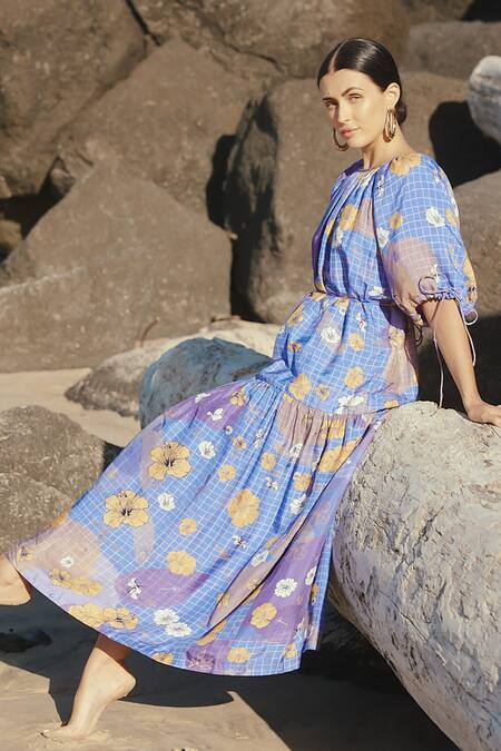 Shop_Sruti Dalmia_Purple Bamboo, Viscose Boat Neck Hand Painted Hibiscus Pattern Maxi Dress_Online_at_Aza_Fashions