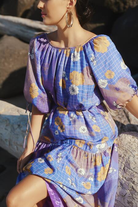 Sruti Dalmia_Purple Bamboo, Viscose Boat Neck Hand Painted Hibiscus Pattern Maxi Dress_at_Aza_Fashions