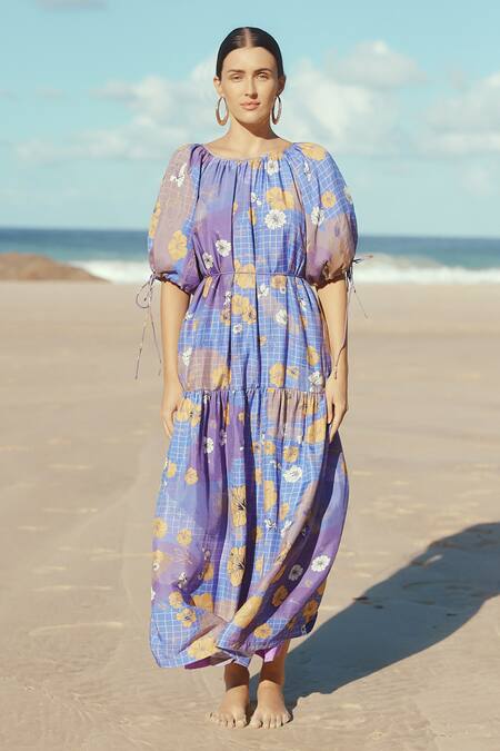 Buy_Sruti Dalmia_Purple Bamboo, Viscose Boat Neck Hand Painted Hibiscus Pattern Maxi Dress