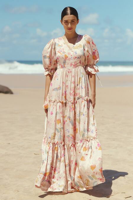 Buy_Sruti Dalmia_Pink Bamboo, Satin Embroidery V-neck Calcutta Doodle Print Maxi Dress_Online_at_Aza_Fashions