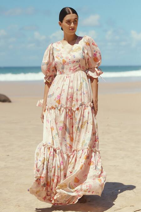 Shop_Sruti Dalmia_Pink Bamboo, Satin Embroidery V-neck Calcutta Doodle Print Maxi Dress_Online_at_Aza_Fashions