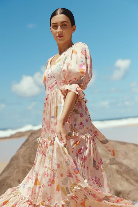 Sruti Dalmia_Pink Bamboo, Satin Embroidery V-neck Calcutta Doodle Print Maxi Dress_at_Aza_Fashions